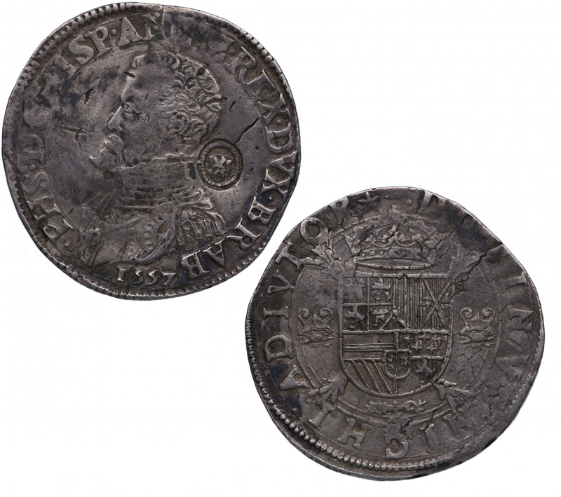 1557. Felipe II (1556-1598). Maastrich. 1 Escudo. (Vti-1154 var). (Vanhoudt-253....