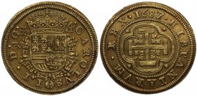 1687/3. Carlos II (1665-1700). Segovia. 4 Escudos. MF. A&C 951. Au. 13,53 g. Muy bella. RARA y más así. Sin el escusón de Portugal. EBC+ / EBC. Est.14...