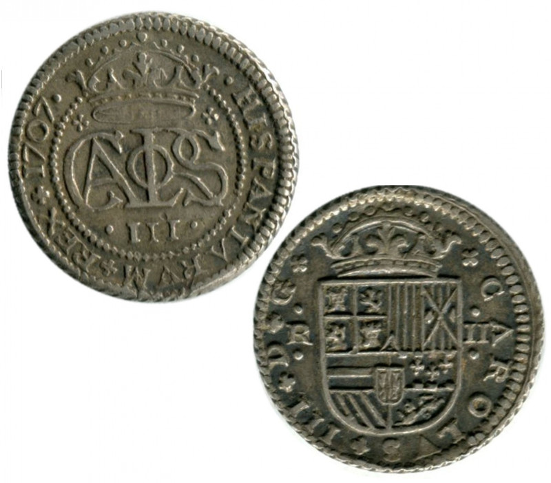 1707. Carlos III Pretendiente. Barcelona. 2 reales. A&C 27. Ag. 5,11 g. Atractiv...