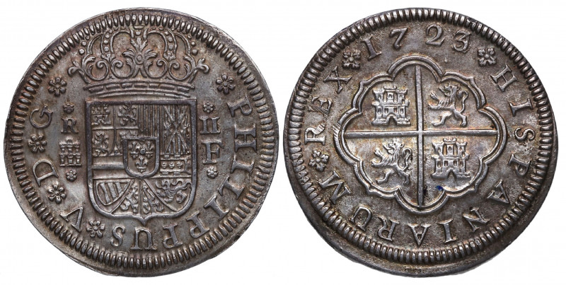 1723/1. Felipe V (1700-1746). Segovia. 2 Reales. F. A&C 958. Ag. 5,57 g. Bellísi...
