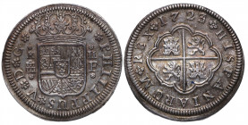 1723/1. Felipe V (1700-1746). Segovia. 2 Reales. F. A&C 958. Ag. 5,57 g. Bellísima. Ligeramente alabeada. Preciosa pátina. SC / SC-. Est.300.