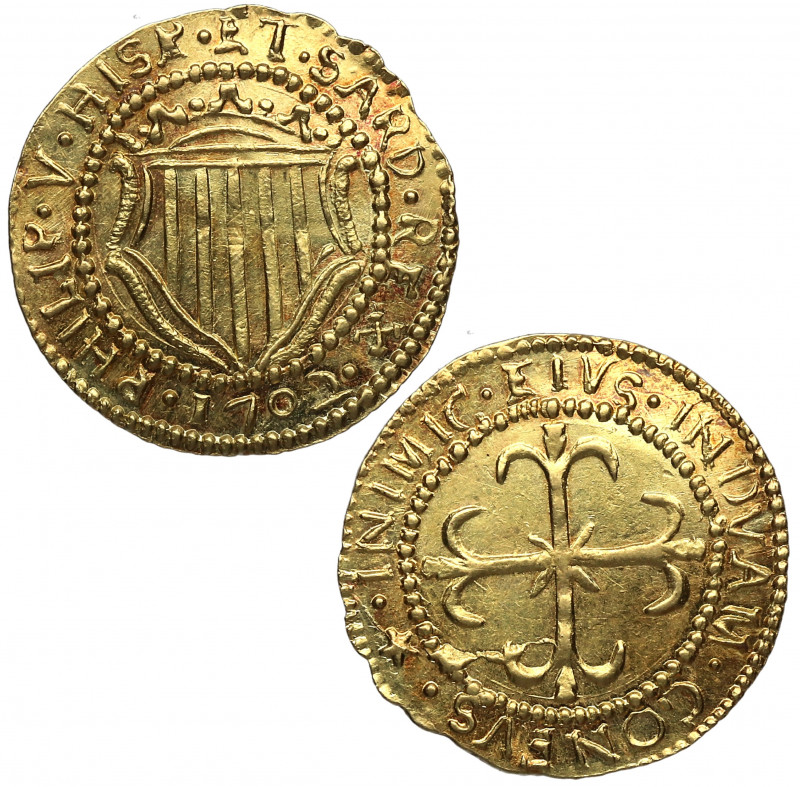 1702. Felipe V (1700-1746). Cagliari. 1 escudo. Vti-49. Au. 3,22 g. Bellísima. P...