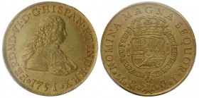 1751. Fernando VI (1746-1759). México. 8 escudos. MF. A&C . Au. Sin la habitual sobrefecha, este ejemplar es el segundo TOP POP. Insignificantes marqu...