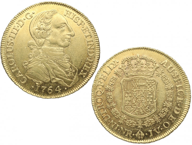 1764. Carlos III (1759-1788). Nuevo Reino. 8 Escudos. JV. A&C 2082. Au. 27,03 g....