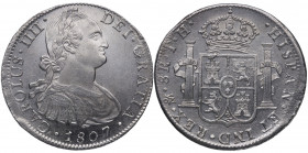 1807. Carlos IV (1788-1808). México. 8 Reales. TH. A&C 986. Ag. 27,02 g. Zonas flojas habituales, de acuñación. EBC+. Est.300.