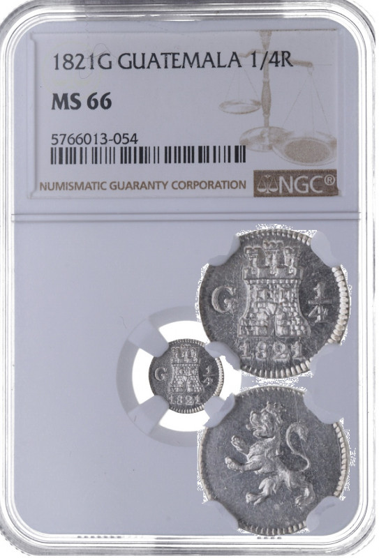 1821. Fernando VII (1808-1833). Guatemala. 1/4 de Real. A&C 258. Au. Encapsulada...