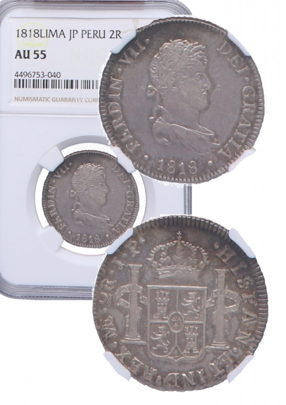 1818. Fernando VII (1808-1833). Lima. 2 Reales. JP. A&C 818. Encapsulada en NGC ...