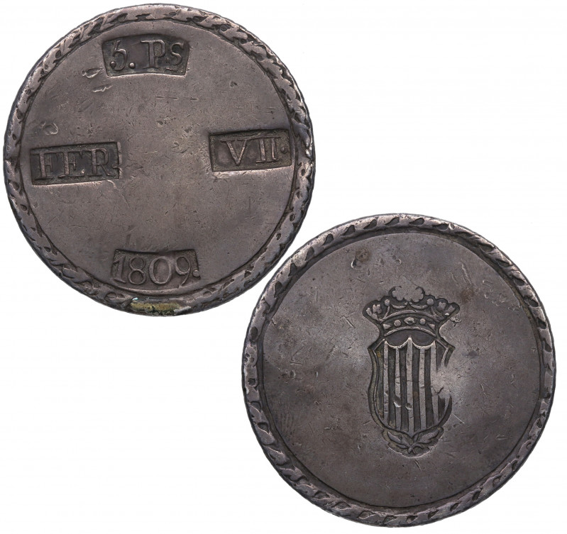 1809. Fernando VII (1808-1833). Tarragona (Cataluña). 5 pesetas. A&C 1429. Ag. 2...