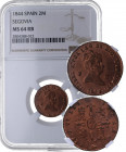 1844. Isabel II (1833-1868). Segovia. 2 Maravedís. A&C 56. Cu. Encapsulada por NGC en MS 64 RB. Pátina rojiza. SC. Est.150.