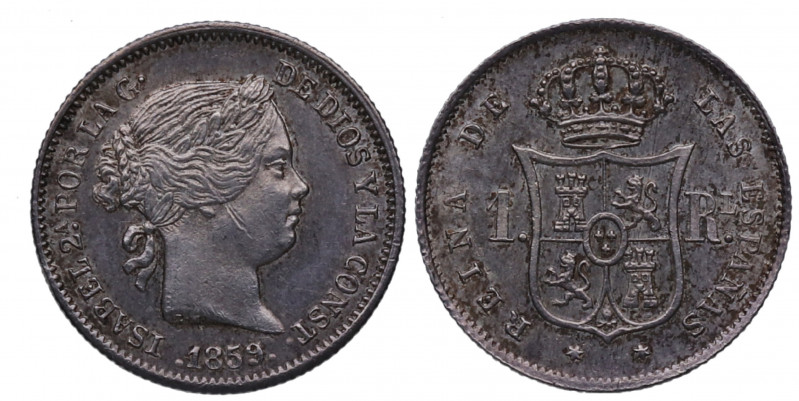 1859. Isabel II (1833-1868). Madrid. 1 Real. A&C 308. Ag. 1,30 g. EBC+. Est.110.