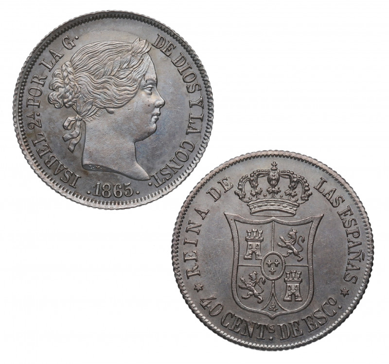 1865. Isabel II (1833-1868). Madrid. 40 céntimos de escudo. A&C 500. Ag. 5,20 g....