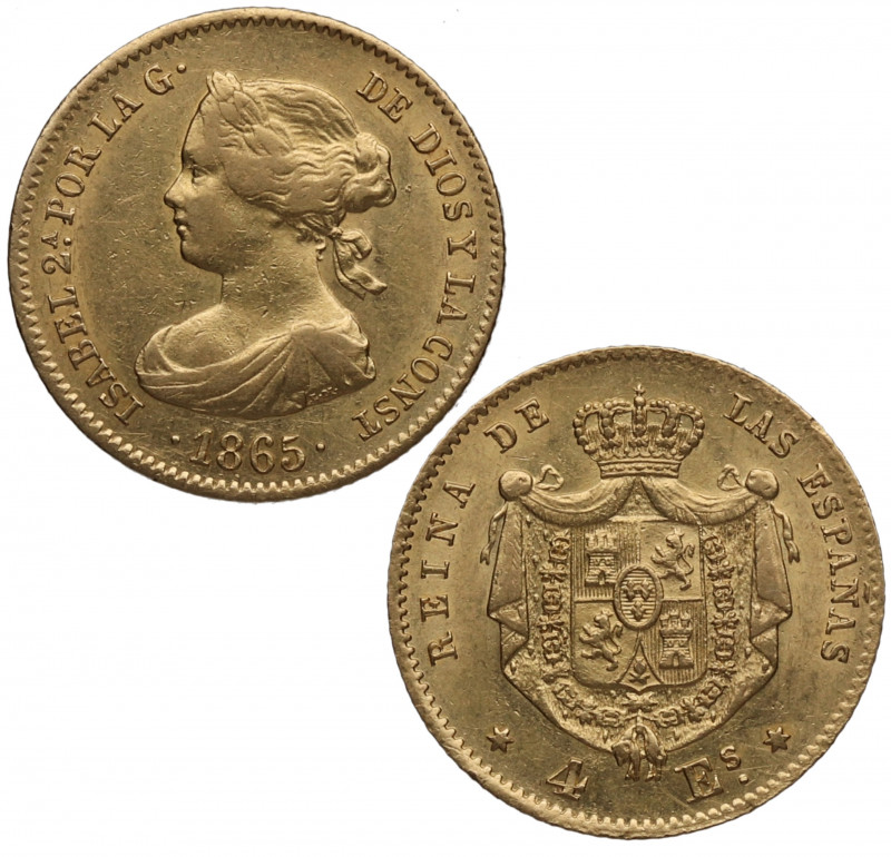1865. Isabel II (1833-1868). Madrid. 4 Escudos. A&C 688. Au. 3,30 g. EBC. Est.20...