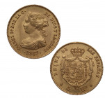 1867. Isabel II (1833-1868). Madrid. 4 escudos. A&C 691. Au. 3,36 g. Muy bella. Brillo original. Insignificante rayita. EBC+. Est.280.
