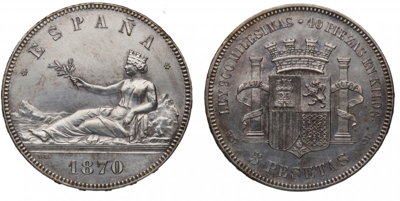 1870*70. I República (1868-1871, 1873-1874). 5 pesetas. SNM. A&C 39. 24,89 g. Mu...