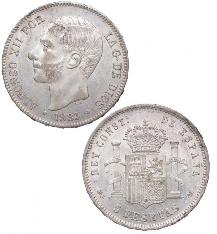 1883*83. Alfonso XII (1874-1885). Madrid. 5 pesetas. MSM. A&C 55. Ag. 24,91 g. B...