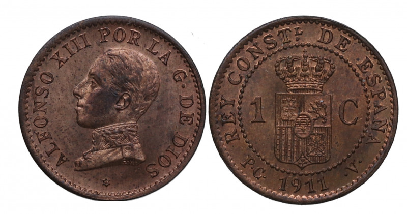 1911*11. Alfonso XIII (1886-1931). 1 Céntimo. PCV. A&C 3. Ae. 1,00 g. SC. Est.14...