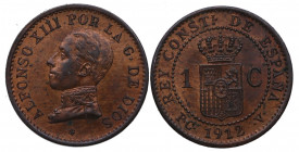 1912*2. Alfonso XIII (1886-1931). Madrid. 1 Céntimo . PCV. A&C 4. Ae. 1,02 g. SC. Est.30.