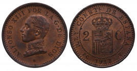 1912*12. Alfonso XIII (1886-1931). Madrid. 2 Céntimos. PCV. A&C 15. Ae. 2,02 g. SC. Est.25.