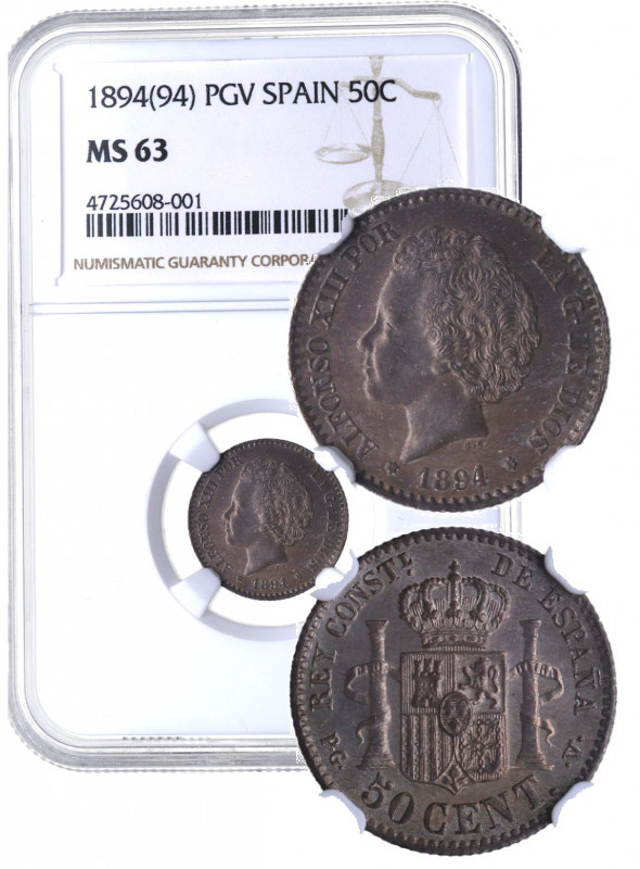 1894*94. Alfonso XIII (1886-1931). 50 Céntimos. PGV. A&C 43. Ag. Encapsulada por...