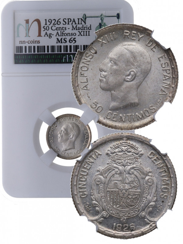 1926. Alfonso XIII (1886-1931). Madrid. 50 Céntimos. PCS. A&C 50. Ag. Encapsulad...