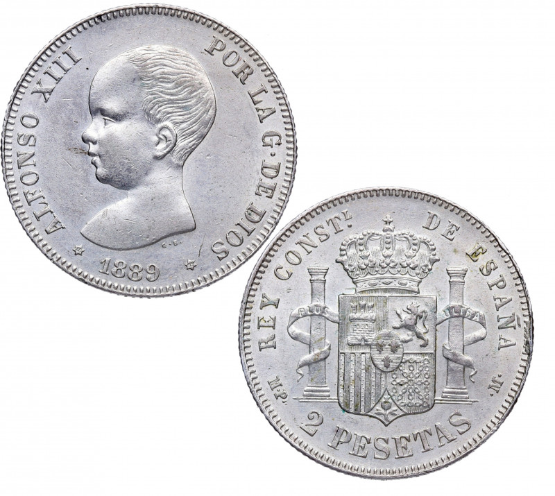 1889*89. Alfonso XIII (1886-1931). Madrid. 2 Pesetas. MPM. A&C 82. Ag. 10,09 g.....