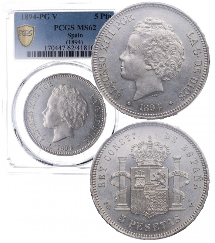 1894*94. Alfonso XIII (1886-1931). Madrid. 5 Pesetas. PGV. A&C 104. Ag. 2,00 g. ...