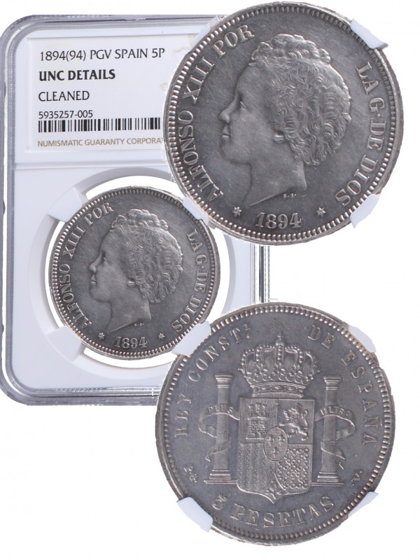 1894*94. Alfonso XIII (1886-1931). Madrid. 5 Pesetas. PGV. A&C 104. Ag. Encapsul...
