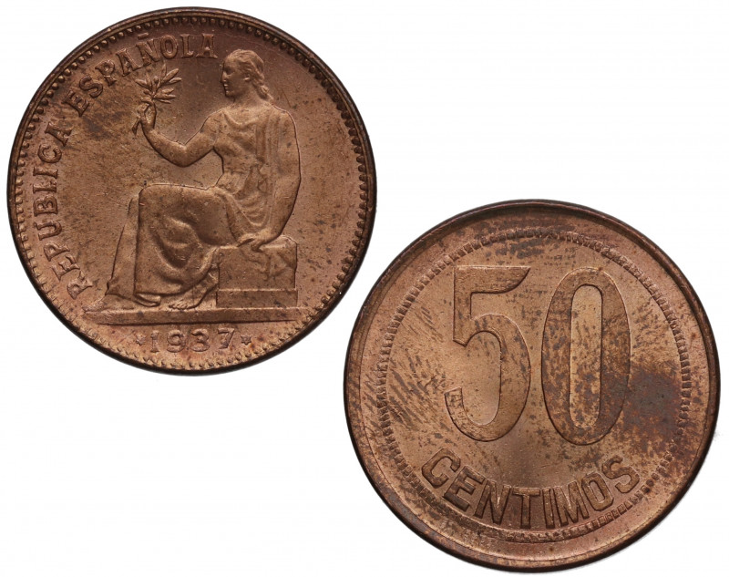 1937. II República (1931-1939). Madrid. 50 Céntimos. A&C 27. Cu. 5,96 g. SC-. Es...