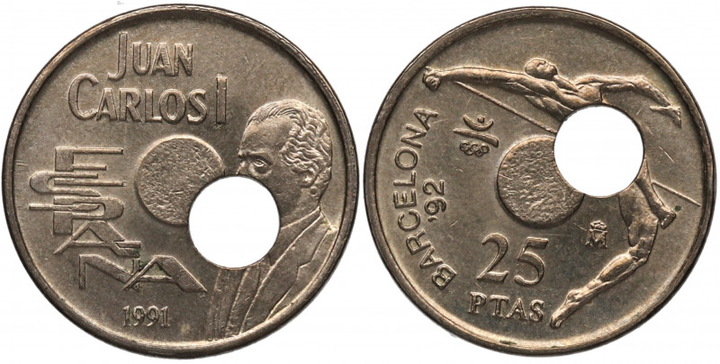 1991. Juan Carlos I (1975-2014). Madrid. 25 Pesetas. Ni-cu. Agujero Desplazado. ...