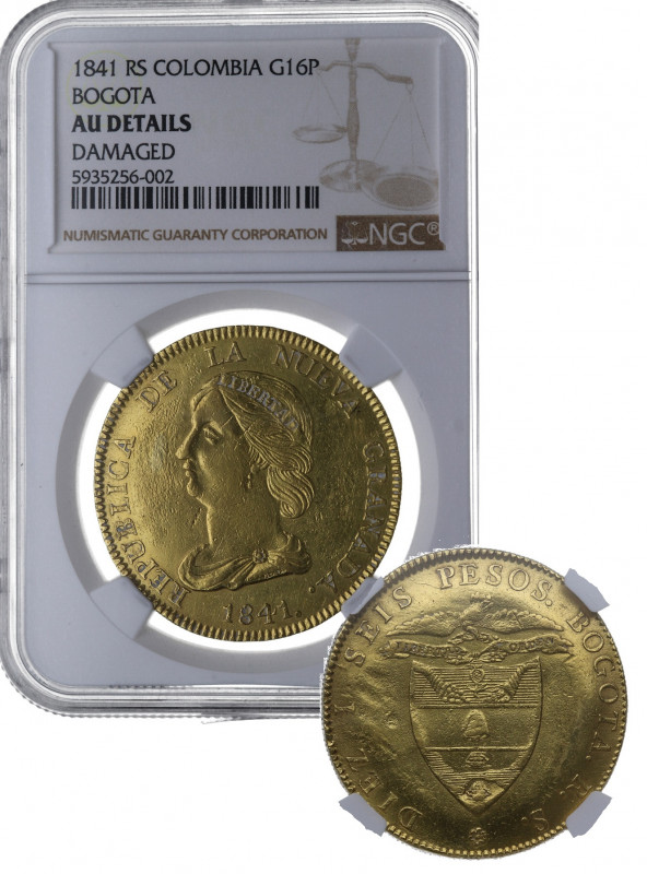 1841. Colombia. Colombia. 16 Pesos. KM 101. Au. Encapsulada por NGC en UNC DETAI...