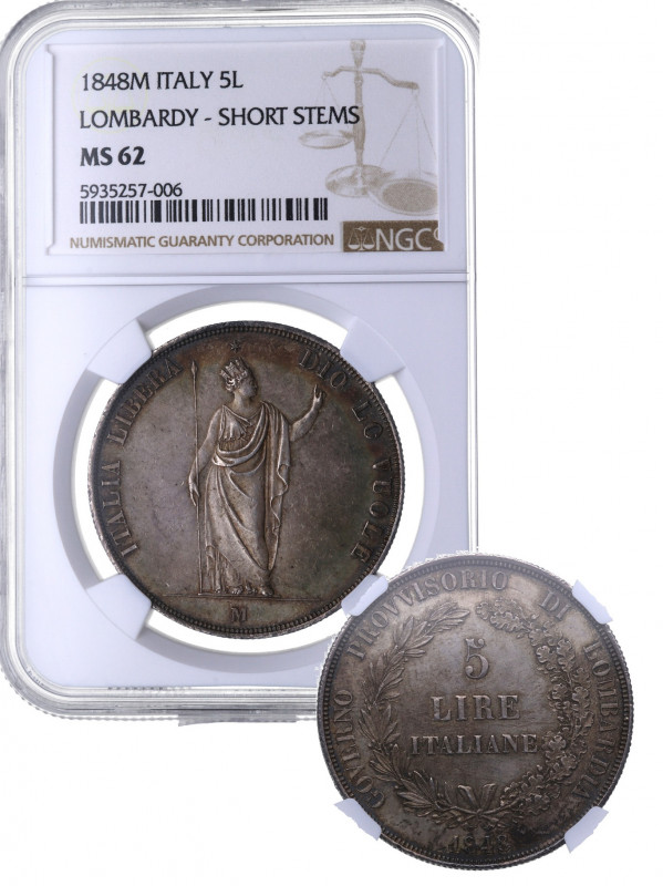 1848 M. Italia. Milan. 5 Liras Gobierno provisional. KM 22.3. Ag. Encapsulada po...