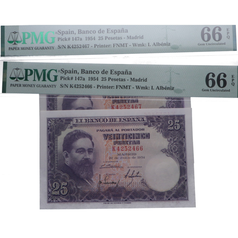 1954. Estado Español (1936-1975). 25 Pesetas. Pick# 147a. Pareja correlativa. En...