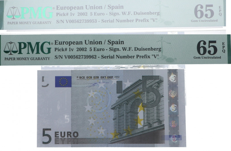 2002. España. Pareja correlativa de 5 Euros. Pick 1v. Encapsulado por PMG en 65 ...