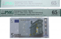 2002. España. Pareja correlativa de 5 Euros. Pick 1v. Encapsulado por PMG en 65 EPQ Serial Number Prefix "V". SC. Est.150.