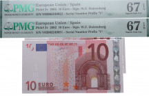 2002. España. Pareja correlativa de 10 Euros. Pick 2v. Encapsulado por PMG en 67 EPQ Serial Number Prefix "V". SC. Est.250.