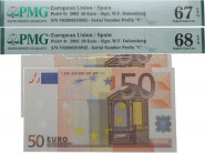 2002. España. Pareja correlativa de 50 Euros. Pick 4v. Encapsulado por PMG en 67 y 68 EPQ Serial Number Prefix "V". SC. Est.350.