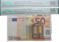 2002. Irlanda. Pareja correlativa de 50 Euros. Pick 4v. Encapsulado por PMG en 66 EPQ Serial Number Prefix "V". SC. Est.300.