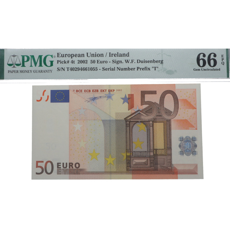 2002. Irlanda. 50 Euros. Pick 4t. Encapsulado por PMG en 66 EPQ Serial Number Pr...