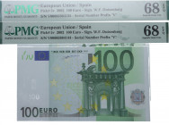 2002. España. Pareja correlativa de 100 Euros. Pick 5v. Encapsulado por PMG en 68 EPQ Serial Number Prefix "V". SC. Est.900.