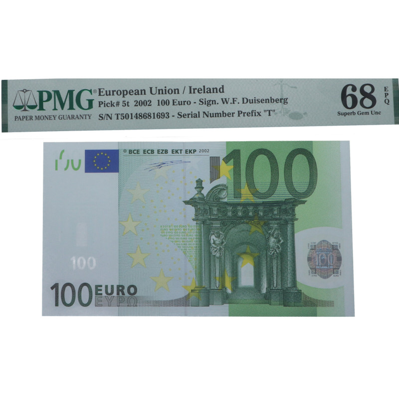 2002. Irlanda. 100 Euros. Pick 5t. TOP POP. Encapsulado por PMG en 68 EPQ Serial...