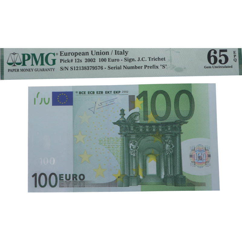 2002. Italia. 100 Euros. Pick 12s. Encapsulado por PMG en 65 EPQ Serial Number P...