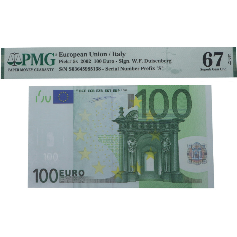 2002. Italia. 100 Euros. Pick 5s. Encapsulado por PMG en 67 EPQ Serial Number Pr...