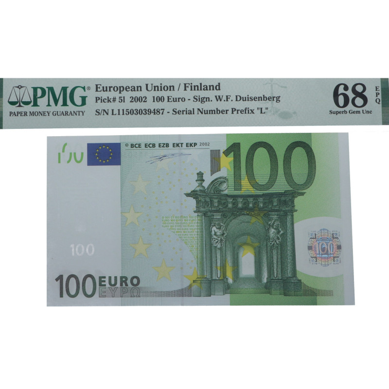 2002. Finlandia. 100 Euros. Pick 5l. Encapsulado por PMG en 68 EPQ Serial Number...