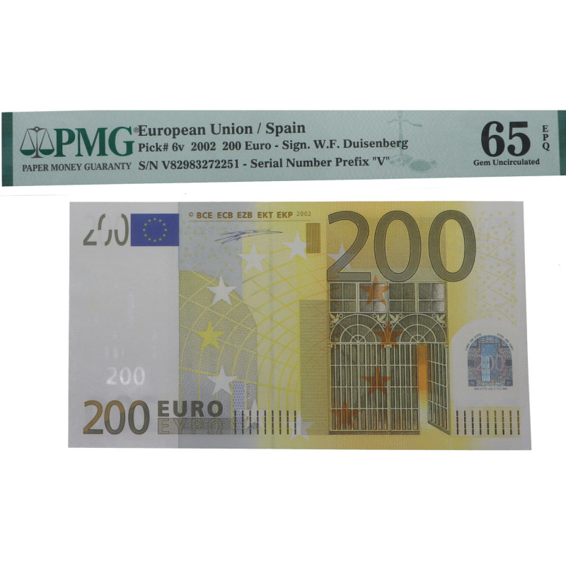 2002. España. 200 Euros. Pick 6v. Encapsulado por PMG en 65 EPQ Serial Number Pr...