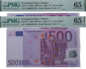 2002. Francia. Pareja correlativa de 500 Euros. Pick 7u. Encapsulado por PMG en 65 EPQ Serial Number Prefix "U". SC. Est.3000.