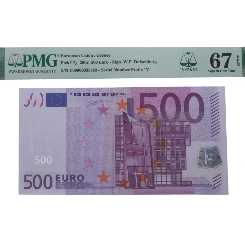 2002. Grecia. 500 Euros. Pick 7y. Encapsulado por PMG en 67 EPQ Serial Number Pr...