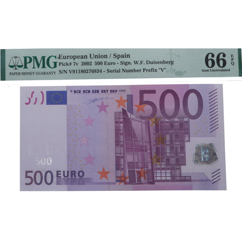 2002. España. 500 Euros. Pick 7v. Encapsulado por PMG en 66 EPQ Serial Number Pr...