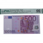 2002. España. 500 Euros. Pick 7v. Encapsulado por PMG en 66 EPQ Serial Number Prefix "V". SC. Est.2000.