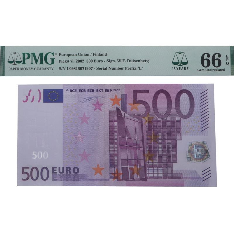 2002. Finlandia. 500 Euros. Pick 7l. Encapsulado por PMG en 66 EPQ Serial Number...