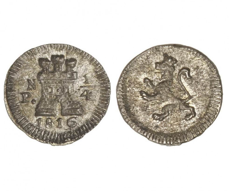 POPAYAN. Fernando VII (1808-1833). 1816. 1/4 real. (Cal.1475). (AC.283). Plata. ...